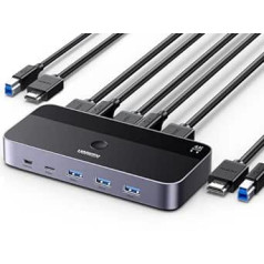 UGREEN HDMI 2.0 KVM slēdzis 4K @ 60Hz USB 3.0 slēdzis 4 USB porti (3 x USB 3.0+ USB C) Koplietošana ar 1 monitoru un tastatūru, peli, printeri, U disku 2 datoriem ar 2 USB kabeļiem un 2 HDMI kabeļiem