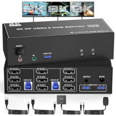 8K Displayport Triple Monitors KVM Switch 8K @ 60Hz 4K @ 144Hz, DP 1.4 USB 3.0 KVM Switch 2 PC 3 Monitors, KVM Switches with Audio Microphone Output and 3 USB 3.0 Ports, 3 Monitors KVM