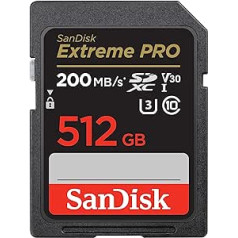 SanDisk Extreme Pro SDXC UHS-I 512 GB memory card (V30, 200 MB/s transfer speed, U3, 4K UHD video, SanDisk QuickFlow technology, temperature-resistant).