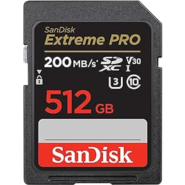 SanDisk Extreme Pro SDXC UHS-I 512 GB memory card (V30, 200 MB/s transfer speed, U3, 4K UHD video, SanDisk QuickFlow technology, temperature-resistant).