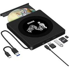 BUNUD ārējais CD DVD diskdzinis USB 3.0 Type-C CD DVD diskdzinis Ārējais USB ar 2 USB un SD/TF slotiem, pārnēsājams CD DVD RW ROM rakstītājs klēpjdatoram MacBook Pro Air Windows 11/10 Apple