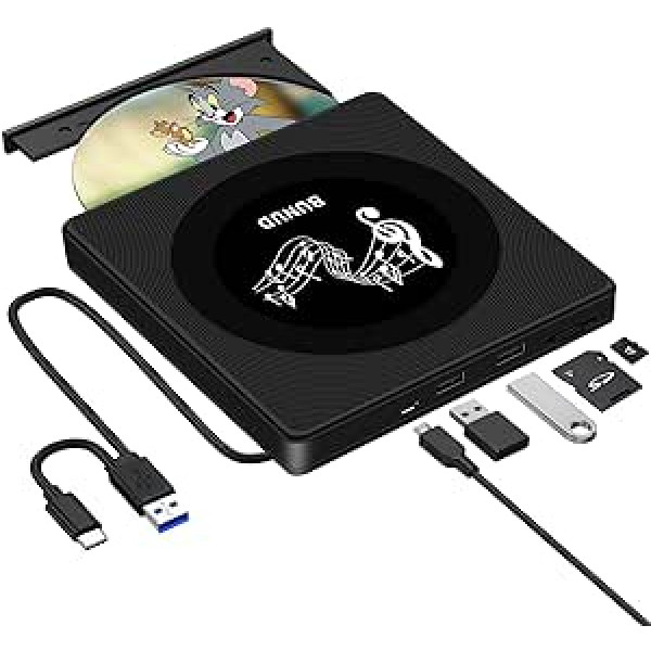 BUNUD ārējais CD DVD diskdzinis USB 3.0 Type-C CD DVD diskdzinis Ārējais USB ar 2 USB un SD/TF slotiem, pārnēsājams CD DVD RW ROM rakstītājs klēpjdatoram MacBook Pro Air Windows 11/10 Apple