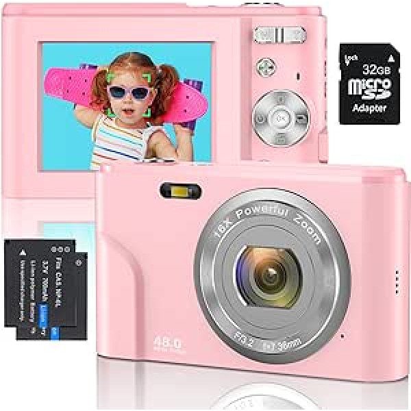 Digitālā kamera 1080P FHD autofokusa mini videokamera 48MP uzlādējama fotokamera Maza videoblogošanas kamera ar 32GB karti 16X digitālā tālummaiņa kompaktā kamera Dāvana bērniem, studentiem, iesācējiem (rozā)