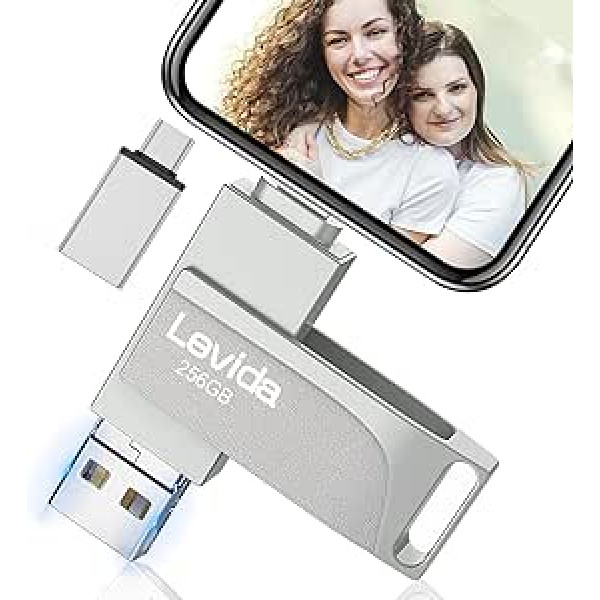 USB Stick 256 GB for Phone, Levida Memory Stick, Photo Stick, External Memory 4 in 1, Photo Stick 3.0, Flash Drive for Mobile Phone, iOS, Android, Pad, Laptop, PC (Mobile Memory, Automatic Photo