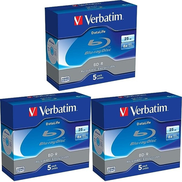 Verbatim BD-R SL Blu Ray Rohlinge, Datalife Blu Ray disks ar 25 GB datu atmiņu, saderīgs ar Blu Ray Player un Brennern sämtlicher Hersteller, 15 er Pack