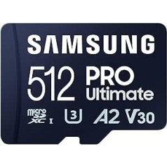 Samsung PRO Ultimate 512GB UHS-I U3 200MB/s Lasīšana 130MB/s rakstīšanas Micro SD atmiņas karte ar SD adapteri viedtālrunim, dronam vai action kamerai