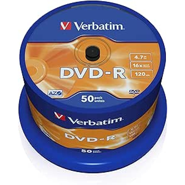 Verbatim DVD-R 16x matēts sudrabs, 4,7 GB, 50 vērpstiņas iepakojumā, rakstāmas DVD sagataves, 16 reizes ierakstīšanas ātrums un skrāpējumu aizsargs ar cieto pārklājumu, DVD-R sagataves, tukšs DVD, sagataves DVD, sudraba krāsa