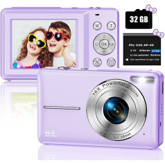 Digitālā kamera Kompakta kamera ar 32 GB SD karti, 1080P 44MP mini digitālās kameras, 2,5 collu LCD uzlādējama digitālā kamera ar 16X digitālo tālummaiņu bērniem, pieaugušajiem, zēniem, meitenēm (violeta)