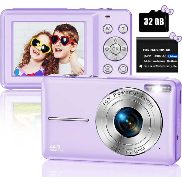 Digitālā kamera Kompakta kamera ar 32 GB SD karti, 1080P 44MP mini digitālās kameras, 2,5 collu LCD uzlādējama digitālā kamera ar 16X digitālo tālummaiņu bērniem, pieaugušajiem, zēniem, meitenēm (violeta)