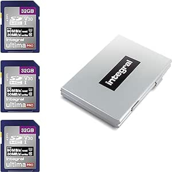 Integral SD Card 32GB with 6 Slot SD Card Holder Metal - 4K Ultra HD Video Premium High Speed 90MB/s Read and 30MB/s Write - SDHC V30 UHS-I U3 Class 10 SD Memory Card 3 Pack