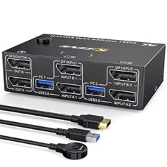 DP KVM slēdzis Divi monitori, 2 datori 2 monitori Displayport USB 3.0 KVM slēdzis, atbalsta 4K@60Hz 2 datoriem, kas koplieto tastatūru, peli un monitoru