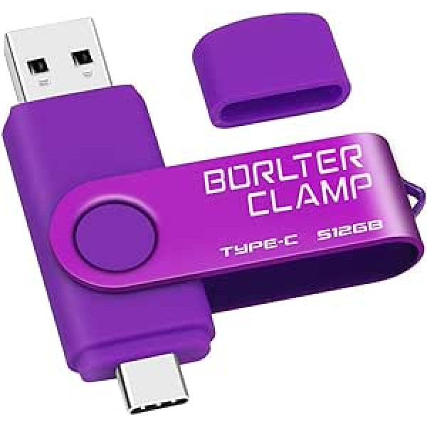 BorlterClamp Type C USB Stick 512 GB, 2 in 1 OTG Memory Stick USB 3.0 Divu portu USB C zibatmiņas disks Android viedtālrunim Samsung S10/S9/S8, Huawei, planšetdatoriem un datoriem (violeta)