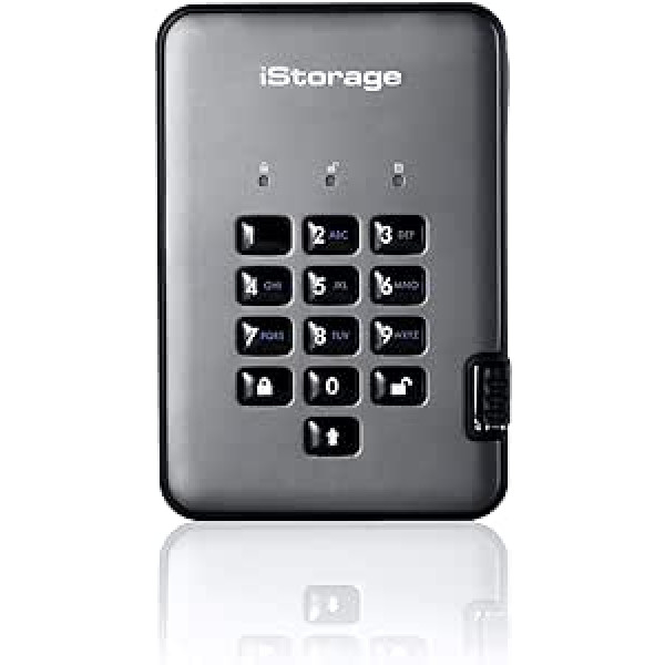 iStorage diskAshur PRO2 HDD 1 TB drošs cietais disks FIPS 2. līmeņa sertificēts ar paroli aizsargāts, putekļu/ūdens izturīgs. IS-DAP2-256-1000-CG