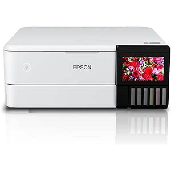 Epson EcoTank ET-8500 3-in-1 tintes daudzfunkcionālā ierīce (12 GB, kopēšana, skenēšana, drukāšana, A4, 5 krāsas, fotoattēlu drukāšana, abpusējā, WiFi, Ethernet, displejs, USB 2.0), tintes tvertne, balta