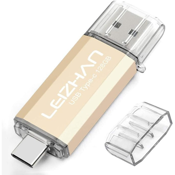 leizhan USB zibatmiņas karte 128 GB C tipa atmiņas karte OTG Memory Stick 2 in-1 zibatmiņas disks USB 3.0 pildspalvas diskdzinis personālajam datoram/klēpjdatoram/piezīmjdatoram un citam USB-C (128 GB, zelta krāsā)