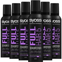 Syoss Foaming Full Hair 5 Hold Level 5 Mega Strong (6 x 250 мл), мусс для волос для салонных красивых волос, придает дополнительную сильную фиксацию и гладкость на 48 ч