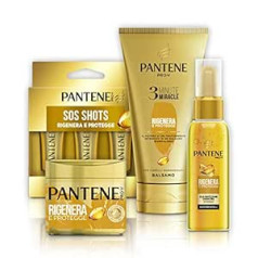 Pantene zelta komplekts: balzams 3 minūšu brīnums atjauno un aizsargā (4 x 150 ml), keratīna aizsargmaska atjauno un aizsargā (4 x 300 ml), ampulas Sos Shots (6 x 15 ml), eļļa atjauno un aizsargā (2