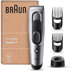 Braun Series 7 vīriešu matu griezējs (pārstrādājams iepakojums), 17 garuma iestatījumi, 2 ķemmes stiprinājumi, 50 minūšu NiMH akumulatora darbības laiks, Valentīna dienas dāvana viņam, HC7390