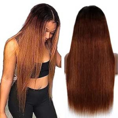 Aipliantfis 1B430 Brown Real Hair Wig, Straight, 5 x 5 Lace Front Wig, Human Hair, Three Tone Long Wig, 150% Density, Pre-Plucked, Free Part, Brazilian Remy Hair, Unprocessed Virgin for Women, 61 cm/24 Inches