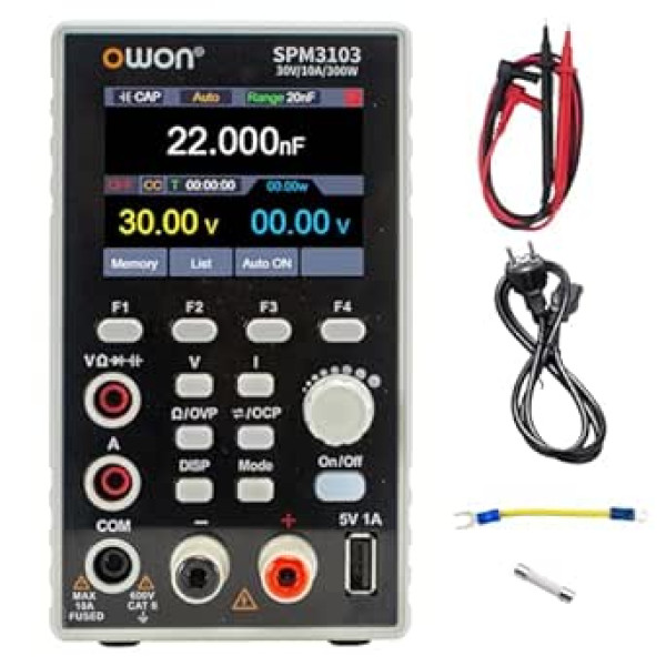 OWON Laboratory Power Supply (0-30V, 0-10A), SPM3103 2-in-1 DC Power Supply and Multimeter, Programmable DC Laboratory Power Supply with 300 W Output Power 2.8 Inch LCD Display, 4 1/2 Digital