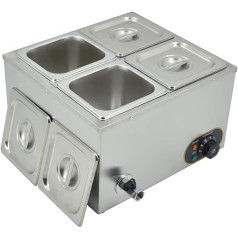 Komerciāls Bain Marie 1500 W elektriskais pārtikas sildītājs nerūsējošā tērauda temperatūras kontrole ar vāku drenāžas krānu GN 1/6x4 konteiners 150 mm x 4