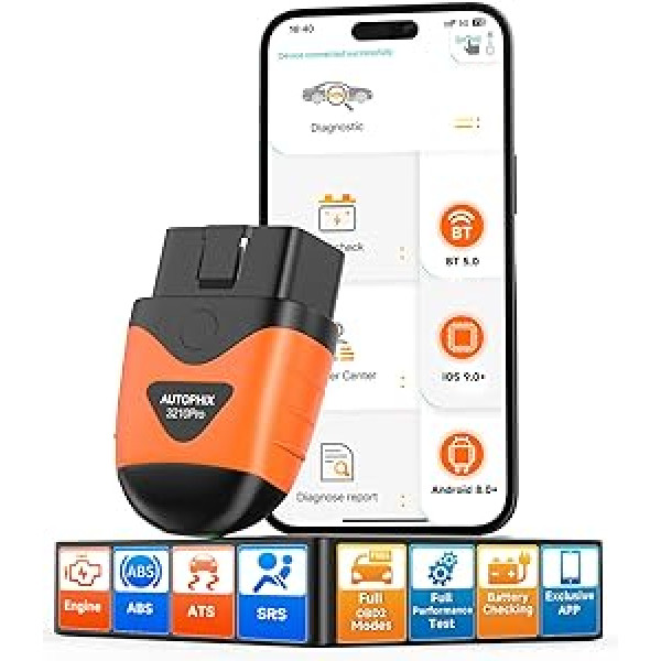 AUTOPHIX OBD2 Bluetooth adapteris, 3210 Pro automašīnas diagnostikas ierīces pārbaudes dzinējs ABS SRS transmisija bezvadu automašīnas lasītāja kļūdu kodu lasītājs ar akumulatora pārbaudes ekskluzīvu lietotni iPhone, iPad un Android ierīc