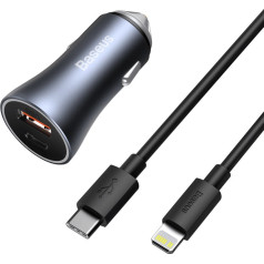 Ātrā USB-C automašīnas lādētājs USB 40W PD QC SCP FCP AFC + USB-C kabelis - zibens pelēks