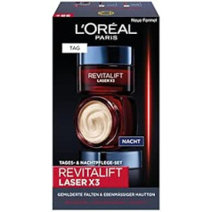 L'oréal Paris Revitalift Laser X3 sejas kopšanas komplekts, dienas krēms pret novecošanos un nakts krēms ar trīskāršu efektu, ar pro-retinolu, hialuronu un C vitamīnu, 2 x 50 ml