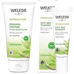 Weleda Bio Naturally Clear Clarifying Wash Gel, Dabiskā kosmētika pūtītēm un plankumainajai ādai un Organic Naturally Clear SOS Spot Treatment, Dabiskā kosmētika pūtīšu un melngalvju ārstēšanai