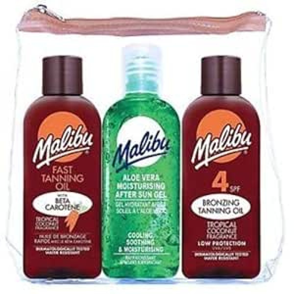 Malibu Travel Pack SPF 4 bronzas eļļa, Aloe Vera After Sun Gel, kokosriekstu brūnā eļļa