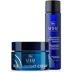 ‎Usu Cosmetics Korean Skincare Night Route Set - Mitrinoša esence + Blue K-Night Cream Krēms pret novecošanos - Pret priekšlaicīgu ādas novecošanos - Atsvaidzina, mitrina un nomierina - USU Cosmetics