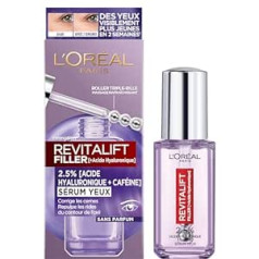 L'oréal Paris - Acu kontūru serums - Pretgrumbu, Pretzeķes un Tumši Apļi - Ar tīru hialuronskābi un kofeīnu - Inovatīvs trīskāršs Biller Attachment - Revitalift Filler - 20ml