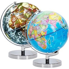 Exerz 23 cm Illuminated Globe Metal Base – German Map – Student Globe with Cable Free LED Lighting – Political Map (Time of Day) – Constellation Stars (Night) – Fun and