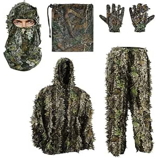 PELLOR 3D Ghillie maskēšanās uzvalks, Džungļu Ghillie uzvalks Woodland maskēšanās uzvalks Apģērbs ar maskēšanās vāciņiem Cimdi medībām Slēptais Helovīns