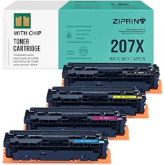 ZIPRINT 207X 207A (ar mikroshēmu) Savietojams ar HP Color Laserjet Pro MFP M283FDW M255DW M282NW M283FDN M255NW W2210A W2210X W2211X W2212X W2213X (4-Pack Cyan YelBlack)