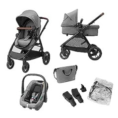 Maxi-Cosi Zelia S Trio 3-in-1 pilns komplekts, 0-4 gadi, līdz 22 kg, salokāms, kompakts, regulējams mazulis, ar CabrioFix S i-Size bērnu sēdeklīti, Aksesuāri, maiņas soma, pelēka