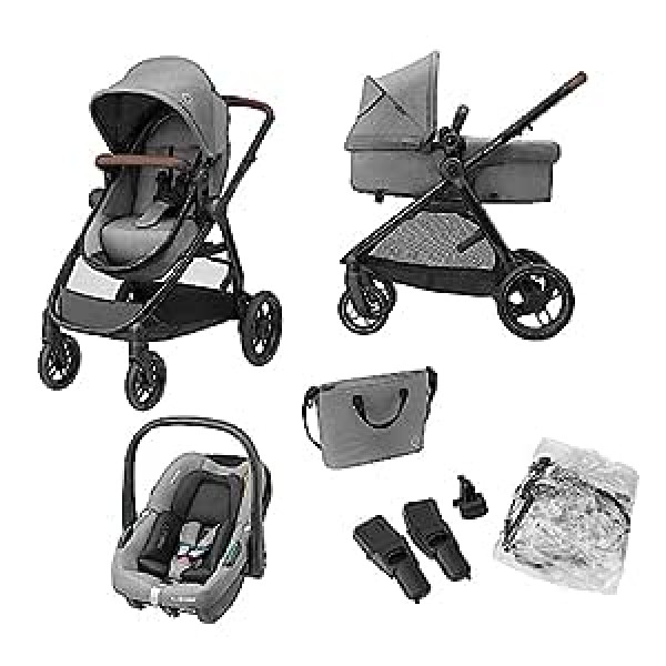 Maxi-Cosi Zelia S Trio 3-in-1 Complete Set, 0-4 Years, up to 22 kg, Foldable, Compact, Adjustable Baby, with CabrioFix S i-Size Baby Seat, Accessories, Changing Bag, Grey