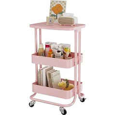 Dripex Kitchen Trolley 3 Tier Serving Trolley Kitchen Shelf Storage Trolley with Table Top on Wheels Bathroom Shelf Space Saving for Kitchen Bathroom Pink