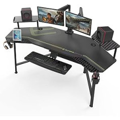 EUREKA ERGONOMIC spēļu galds ar LED, 182 x 76 cm, liels spēļu galds spārna formā, datora datorgalds ar tastatūras paliktni, 2 monitoru statīvi, austiņu āķi mājām, birojam, studijai, tiešraides straumēšana