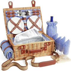 DHAEE 4 Person Picnic Basket Set with Cooler Compartment and Waterproof Picnic Blanket, Detachable Strap, Wine Bag, Cutlery Set for Camping, Day Travel, Hiking, BBQ and Family/Couples Gifts