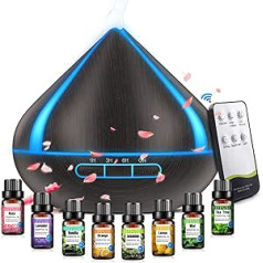 500 ml Diffuser for Essential Oils with 8 Oils, Aromatherapy Diffuser with Remote Control, 4 Timers, Automatic Waterless Shut-off for Large Space, Black