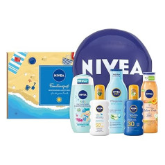 NIVEA ģimenes izklaides komplekts, saules aizsardzības kopšanas komplekts visai ģimenei, praktisks dāvanu komplekts ar saules aerosolu, kopšanas dušu, ūdens polo un daudz ko citu