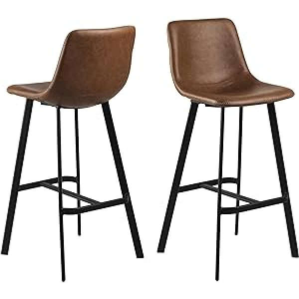 AC Design Furniture Ofelia Padded Bar Stools Set of 2 in Brown Faux Leather with Black Metal Legs and Footrest, Slim Design, Easy Care, Ideal for Bar, Hallway or Kitchen Area