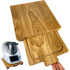 Calotti® Oak IDOKY® dizaina bīdāmais dēlis ar masīvkoka griešanas dēli Thermomix® un Monsieur Cuisine® un citiem lieliem virtuves kombainiem. Eiropas ozols, eļļots.