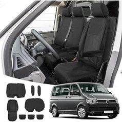 8 Piece Car Seat Covers Set for VW Transporter T5/T5.1 2003-2015, 3-Seater Heavy Duty Tailored Seat Covers Car Worder Seats Black Compatible Airbag, Driver and Passenger Double Seats