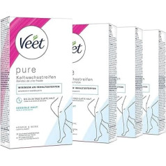 Veet Pure Cold Wax Strips with Easy Gelwax Technology - Suitable for Sensitive Skin - Use for Body and Legs - Pack of 4 (4 x 22 Pieces) - 44 Double Strips = 88 Single Strips