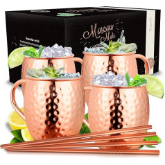 Vezato Moscow Mule Cup [500ml] - Hammered Copper Cups with Straws - Handmade Moscow Mule Set [4 Pieces] - Rustproof Copper Cups for Moscow Mule