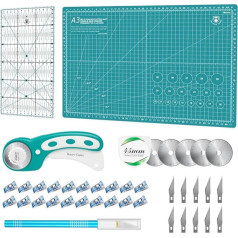 Rotējošo griezēju komplekts - 45 mm rotējošais griezējs Audumu griezēju komplekts, kurā ietilpst A3 griešanas paklājs, rotējošais griezējs, rezerves asmeņi, patchwork lineāls, auduma klipsas, amatniecības nažu komplekts, kas ideāli piem