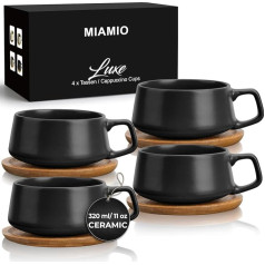 MIAMIO - 4 x 320 ml kafijas tasītes/kapučīno tasītes ar paliktnīšiem/elegantas/modernas/kafijas krūzītes no keramikas - Luxe collection komplekts (melns)