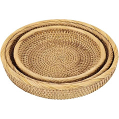 Sumnacon Set of 3 Round Rattan Trays Woven Decorative Fruit Bread Serving Baskets Storage Baskets Bowls Table Desk Countertop (25+23+20cm)